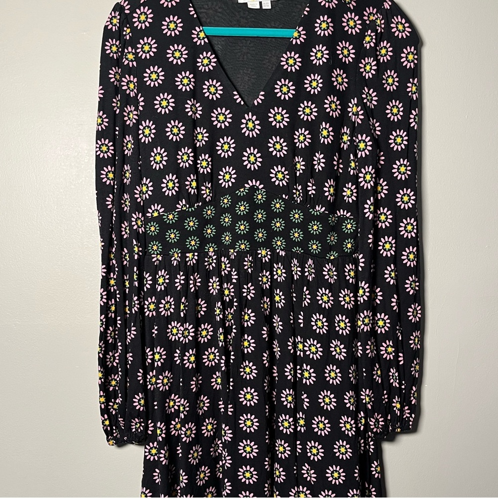 Boden Jersey Mini Tea Dress Contrast Floral Print Black Long Sleeve Size 4 - Picture 7 of 9